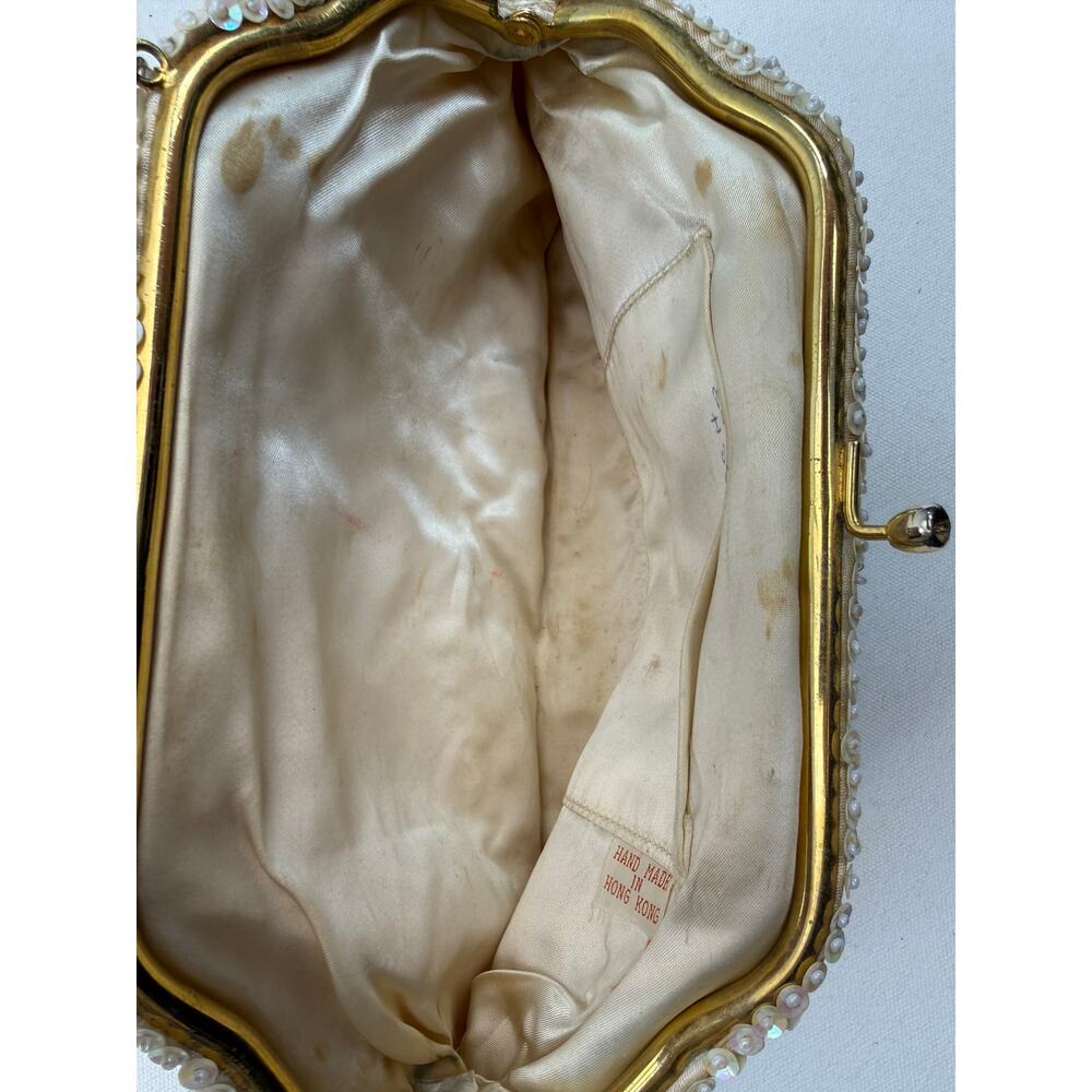 Vintage White Beaded Sequin Evening Bag Handmade in Hong Kong Bridal Glam Prom - Picture 11 of 13